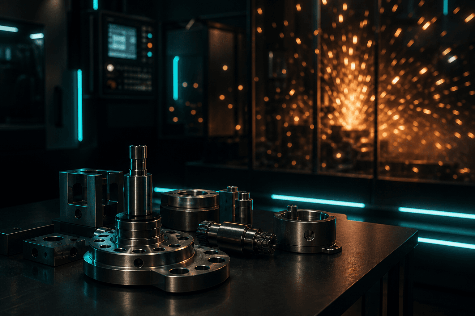 Componente metalice finite cu scântei în fundal